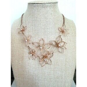 Rose Gold Tone Wire Flower Statement Necklace Rhinestone Floral Bib Necklace